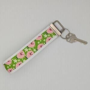 Pig Keychain Wristlet Fabric Key Ring FOB Green Piggy‎ Farm Animals Boho Gift
